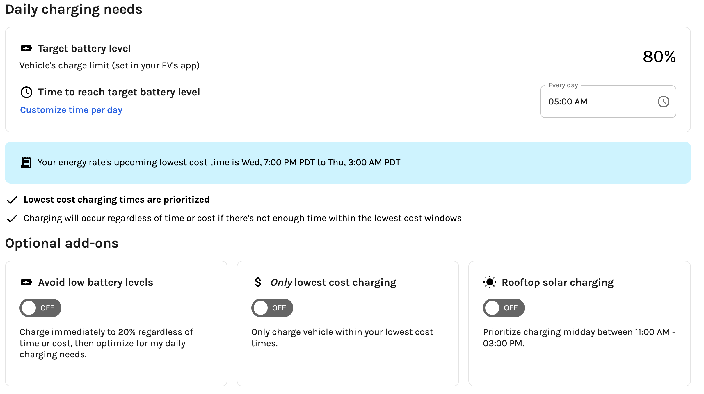 Screenshot of Vehicle Charge Preferences in WeaveGrid Dashboard